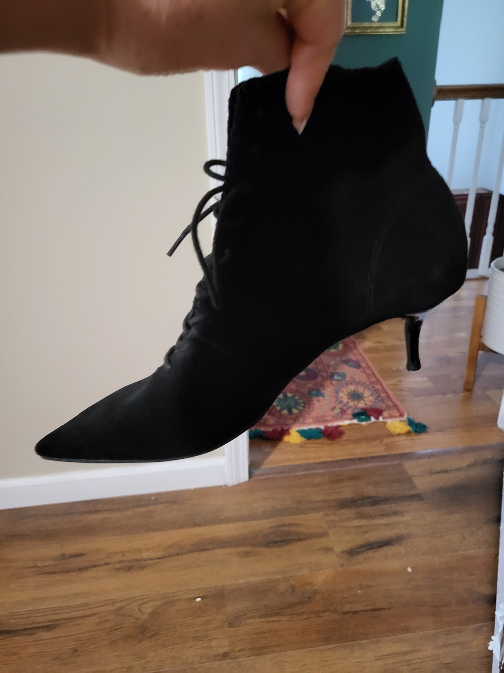 Zara Cow Leathet Black Lace-Up Pointed-Toe Kitten Heel Ankle Boots.Size 9(40).
